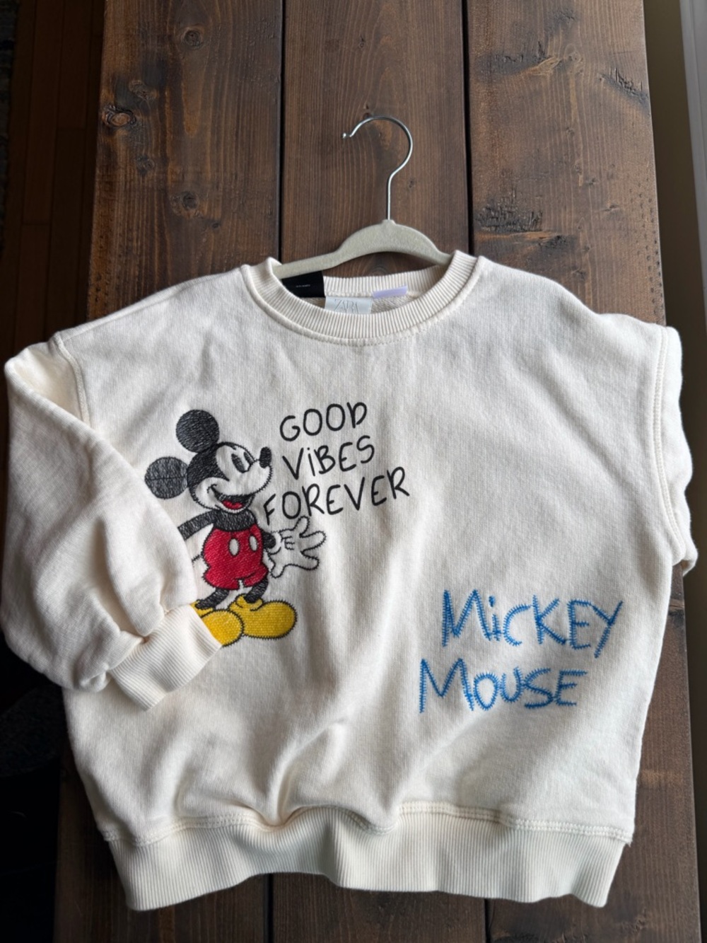 Zara Disney Cream Sweatshirt with Mickey Mouse Graphic and Script Front & Back